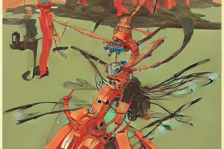 Image similar to gigantic dragonflies with human faces catch tiny robots, a lot of exotic mechas robots around, human heads everywhere, risograph by kawase hasui, dirtyrobot, edward hopper, satoshi kon and moebius, colorful flat surreal design, super - detailed, a lot of tiny details, fullshot