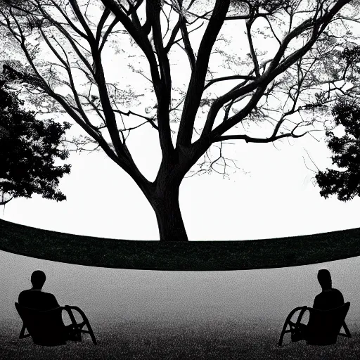 Image similar to a group of people in a park staring up at a gigantic tree, monochromatic, digital art, minimalistic