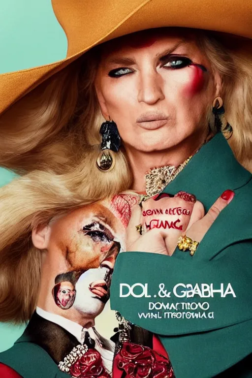 Prompt: dolce & gabbana campaign featuring donald trump as a cowgirl, long eyeslashes, huge juicy lips, big seductive eyes, unprocessed colors, # nofilter, shot by annie leibovitz, realistic vfx simulation