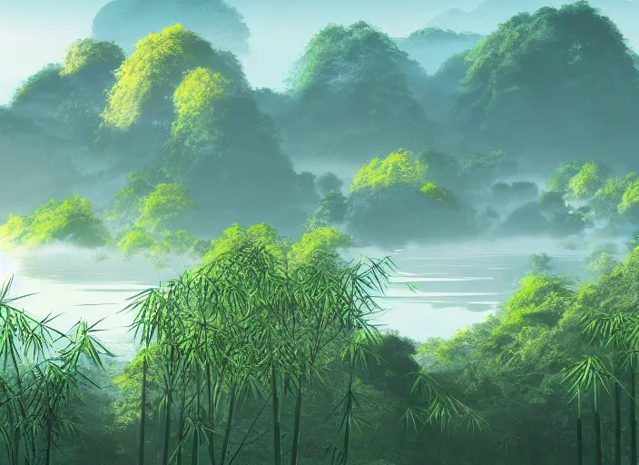 Prompt: misty japanese bamboo forest, lake foreground, large distant mountain with waterfall, sunny, cartoony, stylized anime, sun rays, soft, moody lighting, by hayao miyazaki, ghibli studio, makoto shinkai, toei animation, studio trigger, trending on artstation, 4 k, hd