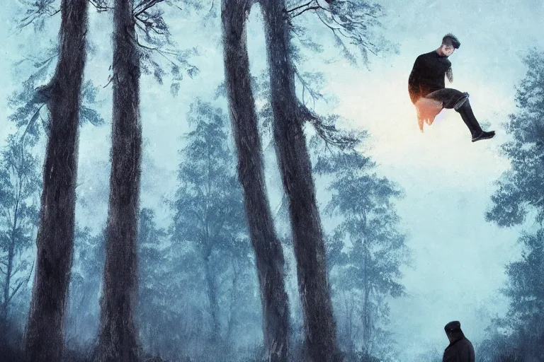 Prompt: ryan church jon mccoy george hull emmanuel shiu concept art mood painting man wearing black sweatshirt blue jeans sitting on top of tree branch winter watching beautiful december sunrise detailed forest