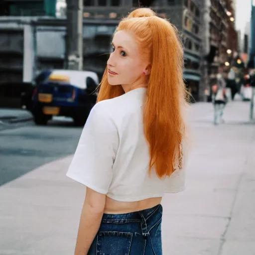 Image similar to Portrait photograph of a Strawberry-Blonde Girl, Young Beautiful Face, Green Eyes, Freckles, Wearing a white crop-top and jeans, with a subtle smile, Humans of New York Style, Leica Camera 50mm lens, street photography, aesthetic canon of proportions, grainy film photo