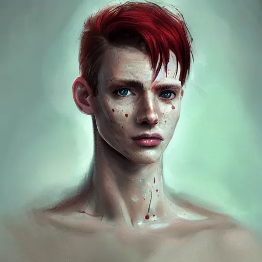 Image similar to portrait of a thin young man with long red hair, ponytail, a big scars, big gash on face, freckles on his face, an earring, intricate, elegant, glowing lights, highly detailed, digital painting, artstation, concept art, smooth, sharp focus, illustration