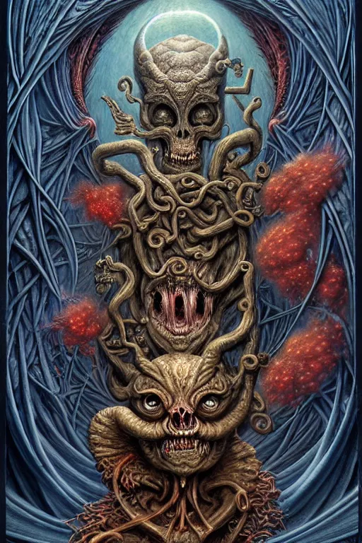 Image similar to A beautiful detailed grotesque monster super cute tarot card, by tomasz alen kopera and Justin Gerard, symmetrical features, ominous, magical realism, texture, intricate, ornate, royally decorated, mechanic, skeleton, whirling smoke, embers, red adornements, blue torn fabric, radiant colors, fantasy, trending on artstation, volumetric lighting, micro details, 3d sculpture, ray tracing, 8k, anaglyph effect, digital art