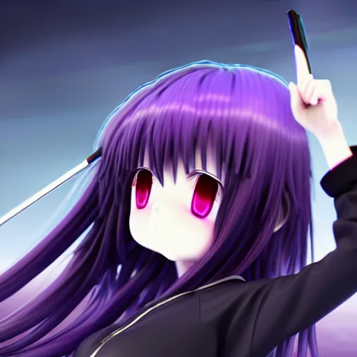 Prompt: A render of a cute young 3D anime girl with long violet hair, she is laying on her back, top down camera angle pointing at her face, she is wearing a long flowing black reaper hood with black pants, a bloody scythe is laying next to her foot, in a busy street, laying on her back, full body, dark and moody lighting, night time