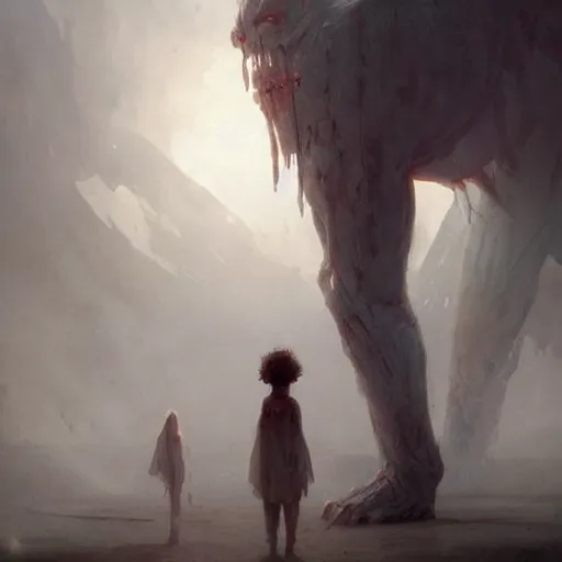 Image similar to a beautiful terrifying immense pale humanoid giant looms over a tiny human. ethereal horror fantasy art by greg rutkowski