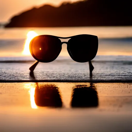 Prompt: a pair of sunglasses chilling on the beach, sunset