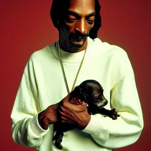Image similar to Snoop Dogg crying while holding a puppy for a 1990s sitcom tv show, Studio Photograph, portrait, very sad C 12.0