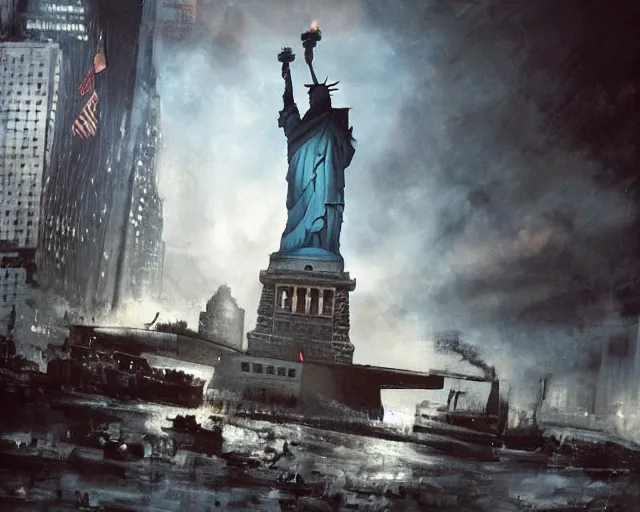 Prompt: Donald Trump shooting the Statue of Liberty in Manhattan, post apocalyptic New York, craig mullins, dramatic lighting, very detailed