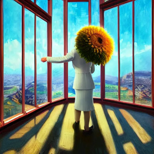 Prompt: giant daisy flower head, a woman in suit, standing next to modern window in luxury loft, surreal photography, sunlight, impressionist painting, digital painting, artstation, simon stalenhag
