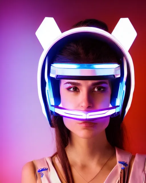 Prompt: centered medium shot fine studio photograph of a young woman wearing only a synthwave mecha Mayan helmet with bright lights, designed by Efrain Recinos, ultra-realistic, white background, 8k HDR, intricate