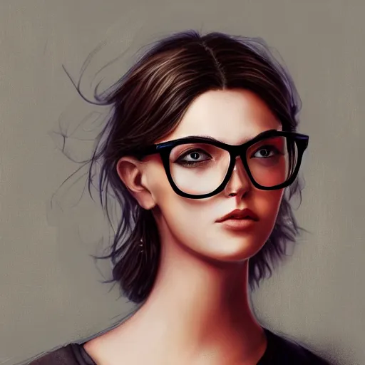 Prompt: artwork inspired by mandy jurgens, dark hair, nose piercing, thin round glasses, cinematic, 8 k, self confidence