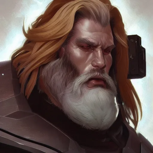 Image similar to science-fiction utopian character portrait of a huge muscular tall giant Reinhardt from Overwatch, long white hair and beard, intricate, wild, highly detailed, digital painting, artstation, upper body, concept art, smooth, sharp focus, illustration, art by artgerm and greg rutkowski and alphonse mucha