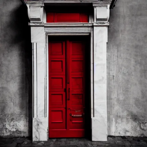 Prompt: A photo of a closed red wooden door and a wall of white marble, eery and misterious