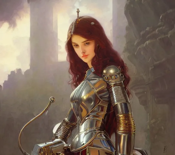 Image similar to photography girl knight armour castle, chrome, deep focus, intricate, elegant, highly detailed, digital painting, artstation, concept art, matte, sharp focus, illustration, art by artgerm and greg rutkowski and alphonse mucha and gil elvgren