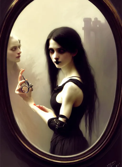 Image similar to character concept portrait of a gothic girl looking in a mirror with a skull reflection, victorian, intricate, elegant, digital painting, concept art, smooth, sharp focus, illustration, by Ruan Jia and Mandy Jurgens and William-Adolphe Bouguereau, Artgerm