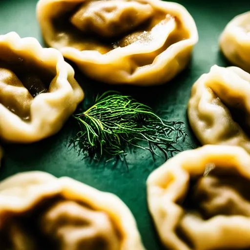 Image similar to a 5 0 mm macro shot of hot dumplings with dill, gooey, depth of field, high resolution