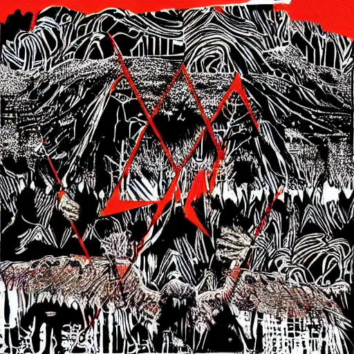 Image similar to Collage, vivid sound by Radiohead, hunting, despot, logo, logo, logo ultra detailed, Tchock, by Tchock, by Stanley Donwood