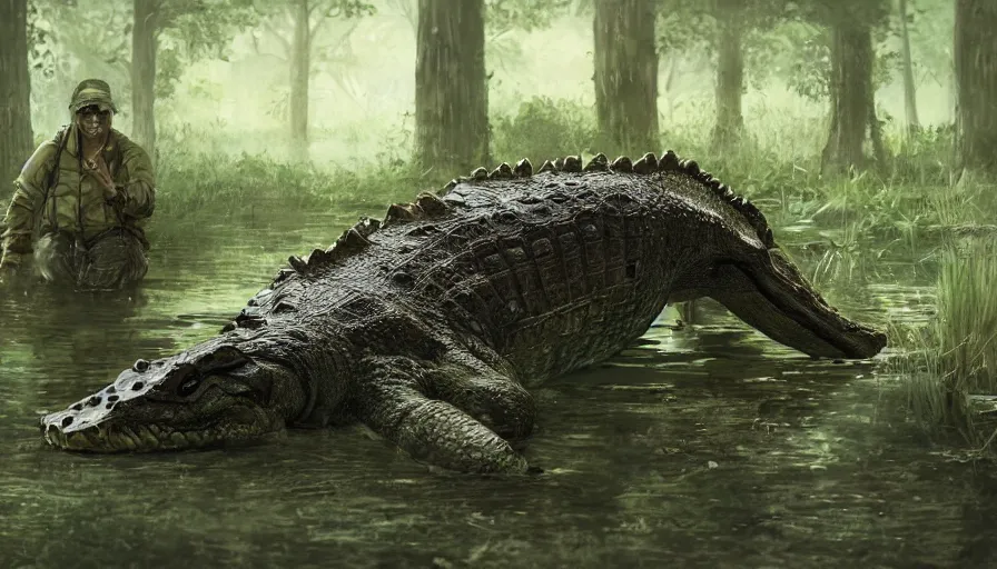 Prompt: Giant alligator in the swamp with hunters around trying to kill it, hyperdetailed, artstation, cgsociety, 8k