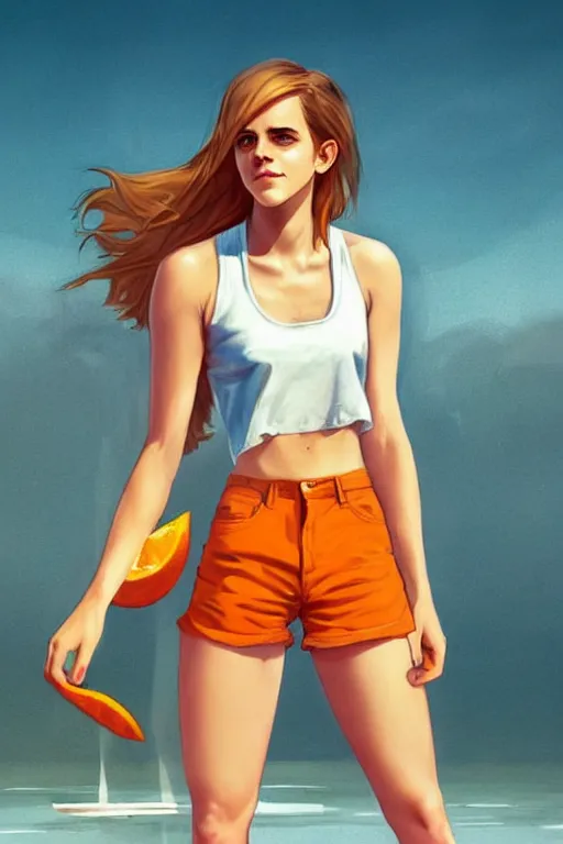 Image similar to a gorgeous hulking Emma Watson with very long hip-length blonde hair, wearing a cut-off white top and orange cut-off shorts standing by the water, in the style of artgerm and moebius and annie liebovitz, marvel comics, photorealistic, highly detailed, trending on artstation