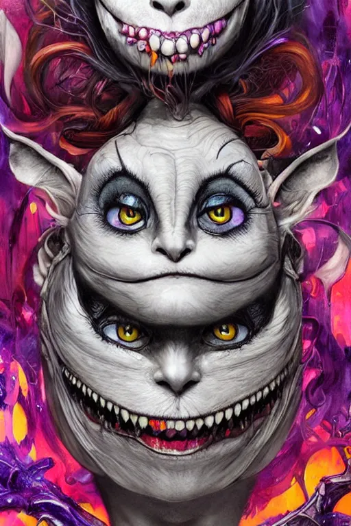 Prompt: dream portrait of Cheshire Cat from Alice in Wonderland,full character, melting ,8k,by tristan eaton,Stanley Artgermm,Tom Bagshaw,Greg Rutkowski,Carne Griffiths, Ayami Kojima, Beksinski, Giger,trending on DeviantArt,face enhance,hyper detailed,minimalist,cybernetic, android, blade runner,full of colour