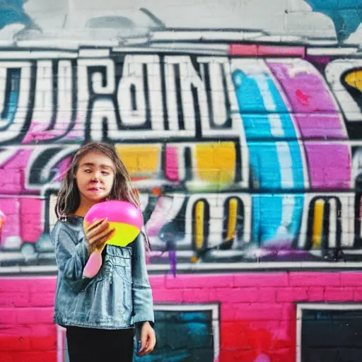 Image similar to a girl holding a balloon at a fairground. buildings with graffiti in the background. silhouette. photograph in the style of simon stalenhag