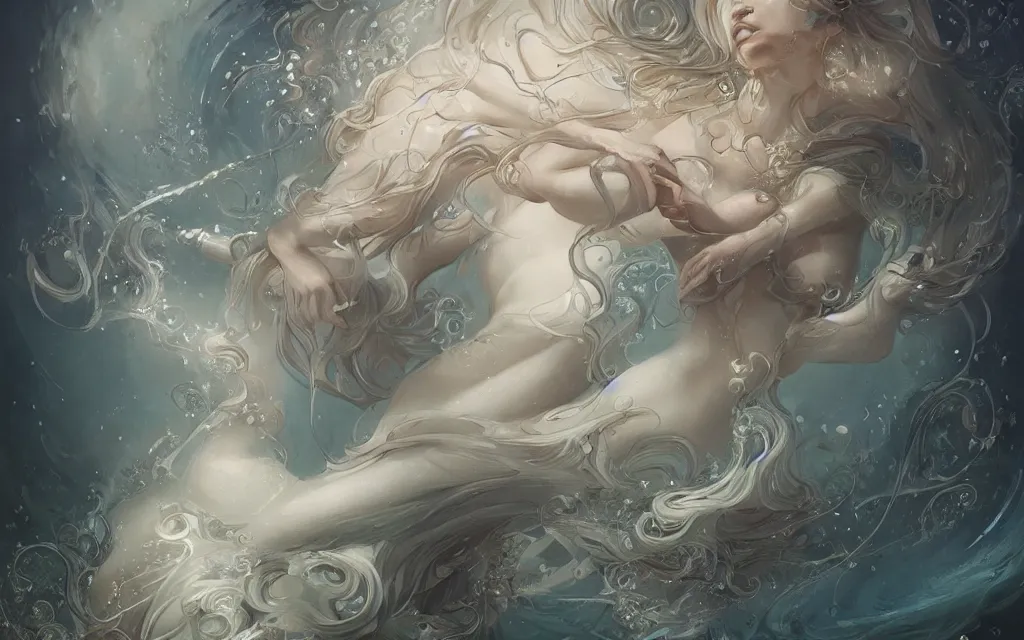 Prompt: collection of beautiful celestial females creature under water by James Jean, intricate, elegant, highly detailed, centered, digital painting, artstation, concept art, smooth, sharp focus, illustration, by Peter Mohrbacher, WLOP