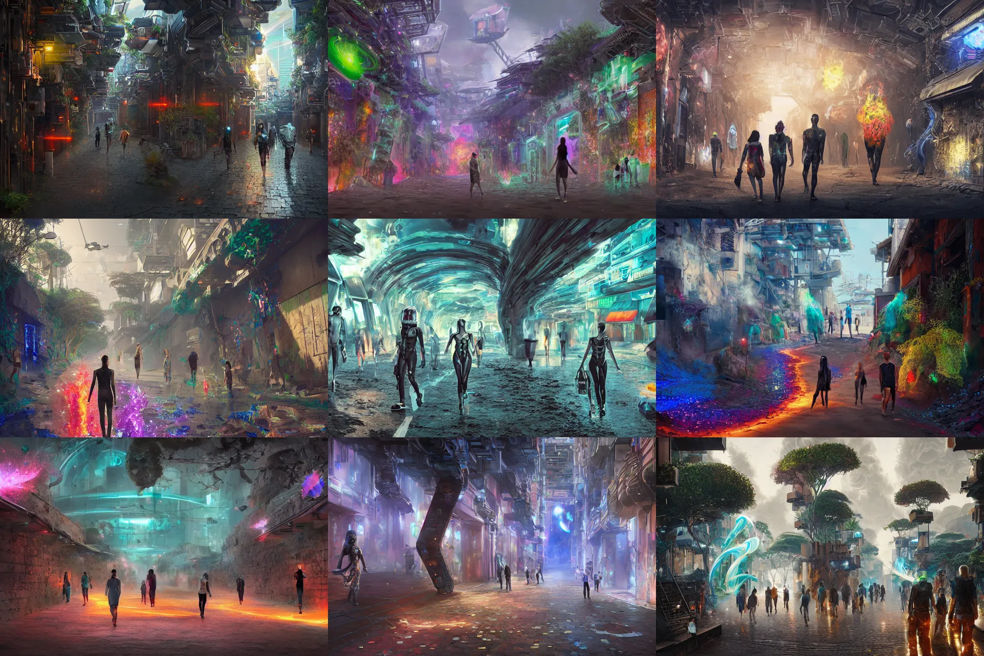 Prompt: futuristic italian alleyway with cyberpunk people walking on waiʻanapanapa state park black beach during rgb season with interstellar crystalized fractal kaleidoscope glass atmosphere, blazing fire tornadoes, lush sakura, advanced civilization, expensive shops, high tech temples, by peter mohrbacher, james jean, james gilleard, greg rutkowski, rule of thirds, octane render, beautiful