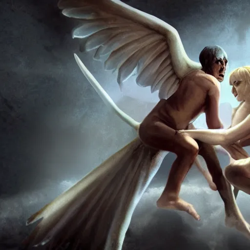 Prompt: photorealistic still of a demon fighting an angel