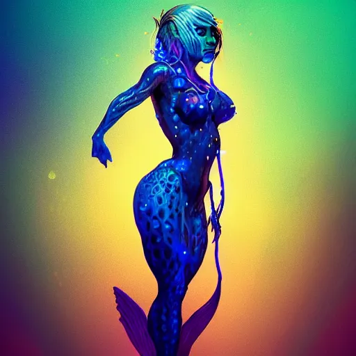 Prompt: Fullbody painting of an aquatic woman with glowing highlights, bioluminescence, bioluminescent dark blues, Cyberpunk, grungy, underwater, mermaid, fantasy, featured on Artstation