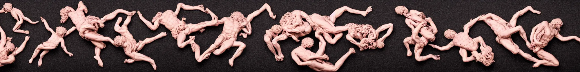 Prompt: long line-up of pink powdered and golden specks laocoon and his sons struggling and twisted, intertwined full body view, jewelry photography, black background