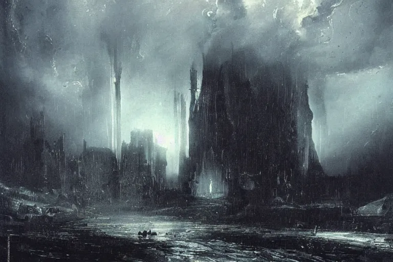 Prompt: awesome landscape rain by peder balke with an alien structure by hrgiger