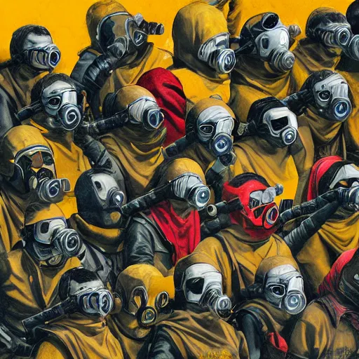 Prompt: detailed details concept art saints gang photo group, theyre using gas mask, other using saints mask, theyre wear yellow and red hoodie, theyre leader regularly uses red in the style of bob peak and alex ross, gouache and wash paints color, detailed details facial and body and human and environments and proportionate, detailed 5 k details.