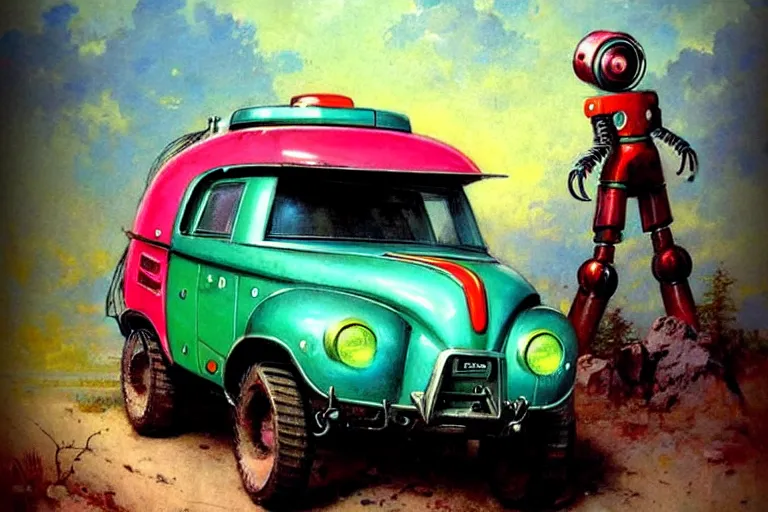 Prompt: adventurer ( ( ( ( ( 1 9 5 0 s retro future robot android badger wagon rv offroad robot. neon colors. ) ) ) ) ) by jean baptiste monge!!!!!!!!!!!!!!!!!!!!!!!!! chrome teal