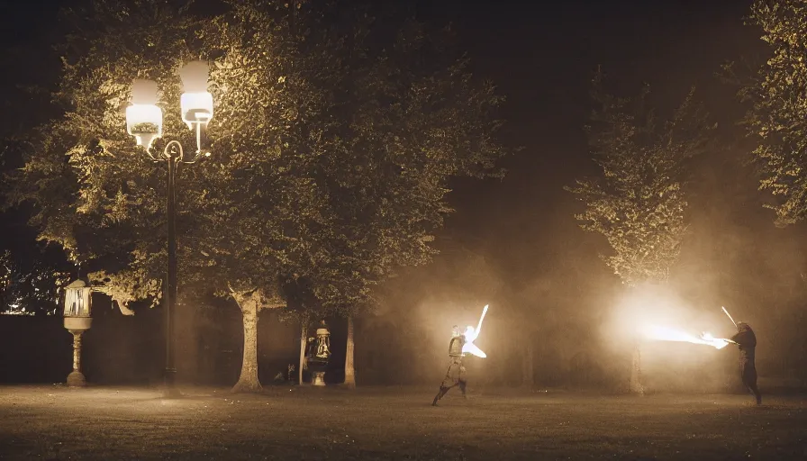 Prompt: A wide shot of two knights in armour duelling in a courtyard at evening. Torches glow in the background. Bokeh, fog, cinematography.