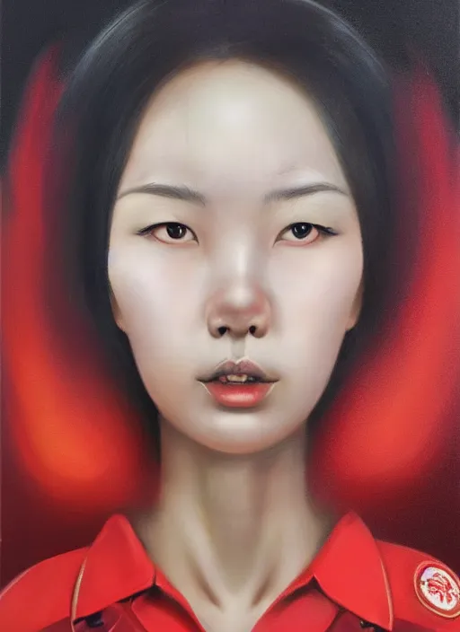 Image similar to a portrait of a korean woman merged with a fire truck, art by boris vallejo and greg danton and denys tsiperko, detailed, hyperrealism, artstation