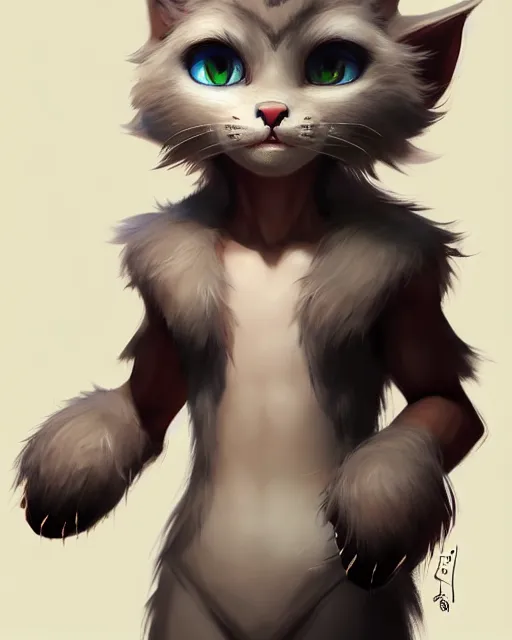 Image similar to character concept art of a young male anthropomorphic furry cat | | cute - fine - face, pretty face, key visual, realistic shaded perfect face, fine details by stanley artgerm lau, wlop, rossdraws, james jean, andrei riabovitchev, marc simonetti, and sakimichan, trending on artstation