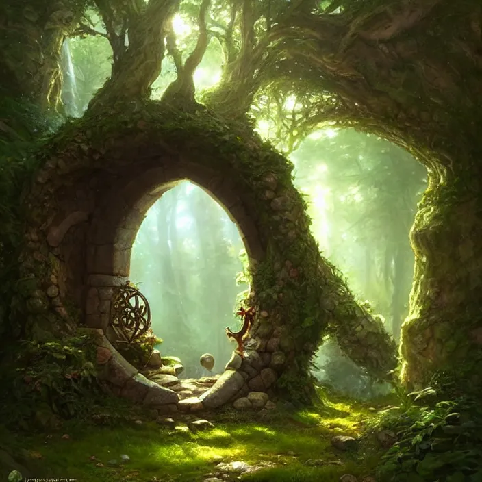 Image similar to Fantasy Magical fairy-tale stone portal in the forest. Round stone portal teleport in trees to other worlds. Fantastic landscape. Magic Altar in the fores, highly detailed, digital painting, artstation, concept art, smooth, sharp focus, illustration, art by artgerm and greg rutkowski and alphonse mucha