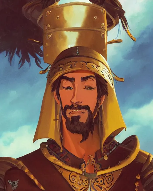 Image similar to portrait of a spanish conquistador wearing ornate armor, by daniel zrom and disney concept artists and studio ghibli, treasure planet movie color scheme, symmetric, handsome, golden ratio, jungle