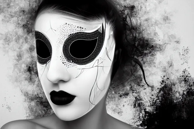 Prompt: portrait of a young beautiful woman with a mask. contemporary photograph, speed painting, fractal, mandelbulb. trending on artstation. black and white.