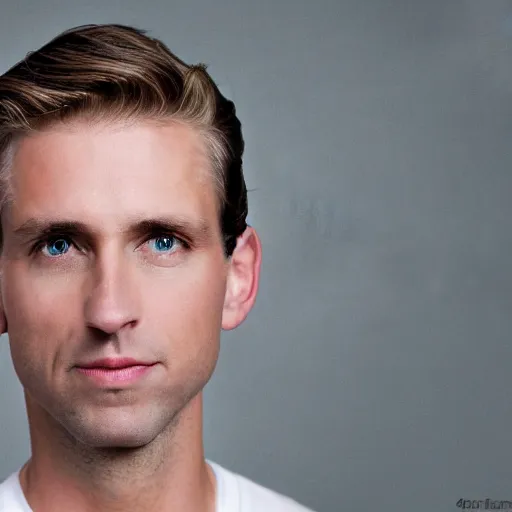 Image similar to color photograph of a 40 year old very handsome white skinny man with short, curly, blond hair and very small blue eyes, dressed in a white t shirt, gray shorts and black socks, with a small mole to the right of his very thin lips, with a straight nose and blond stubble, with a round face, and an earring in the left ear. He resembles a lion.