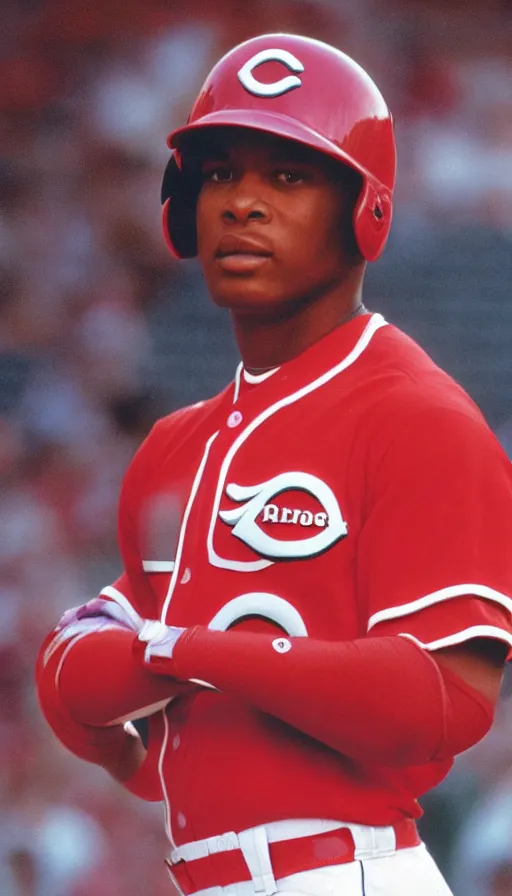 Image similar to photorealistic high definition portrait photograph of vada pinson wearing cincinnati reds uniform,