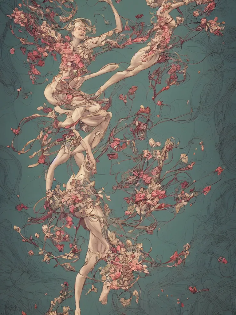 Image similar to a flying body covered in flowers in a dynamic pose, in the style of james jean and peter mohrbacher, highly detailed, soft lighting, art nouveau patterns, trending on artstation