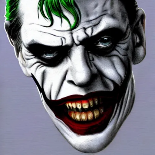 Image similar to Steve Buscemi as the Joker, in the style of Boris Vallejo, intricate, highly detailed, concept art, smooth, sharp focus