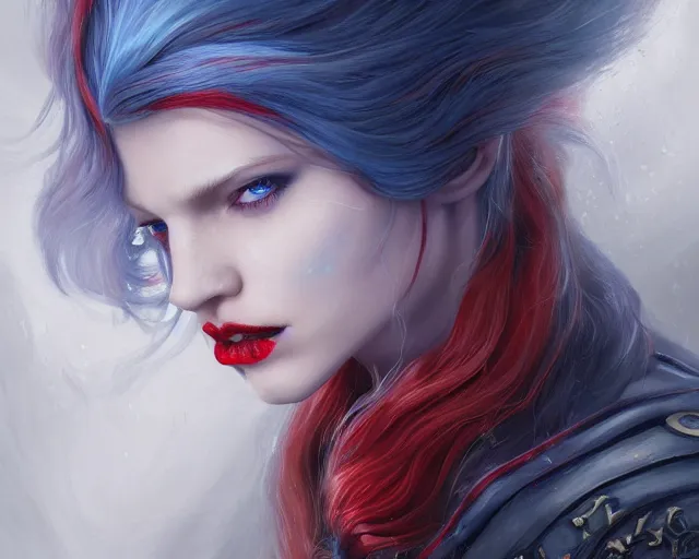 Image similar to A detailed matte oil on canvas head on symmetrical portrait of a distinguished elven woman with red and blue hair on an empty background, by Charlie bowater, Lise Deharme, Wlop, trending on artstationhd, dungeons and dragons art, parted hair , half blue, half red , split dye, critical role