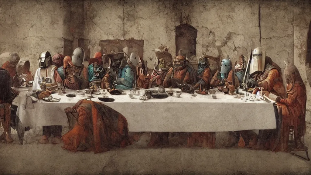 Prompt: mandalorian last supper, by leonardo davinci, concept art, oil painting, art station, dynamic lighting, highly detailed, very detailed, 4 k