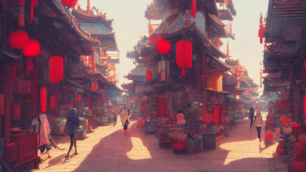 Prompt: landscape of a ancient Chinese commercial street, rich vivid colors, ambient lighting, dynamic lighting, official media, anime key visual, makoto shinkai, ilya kuvshinov, lois van baarle, rossdraws, detailed, trending on artstation.