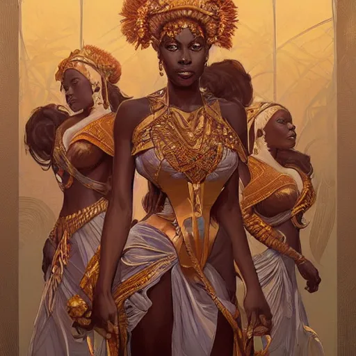 Image similar to three!! beautiful Zulu goddesses, intricate, elegant, highly detailed, digital painting, artstation, concept art, smooth, sharp, focus, illustration, art by artgerm and greg rutkowski and alphonse mucha