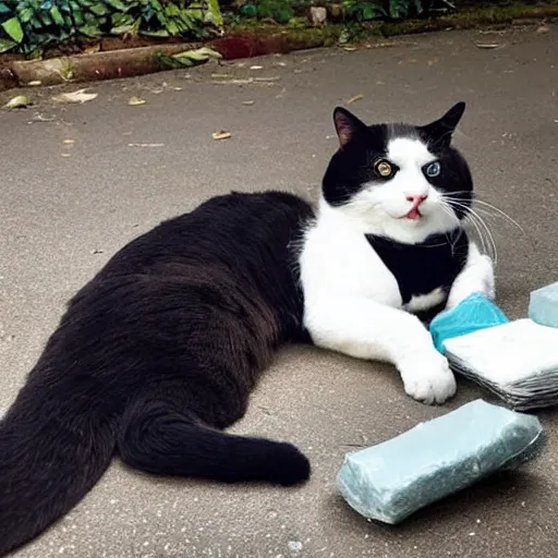 Image similar to A tuxedo cat lying on top of a pile of narcotics seized by the authorities with the police in the back, photo from the police