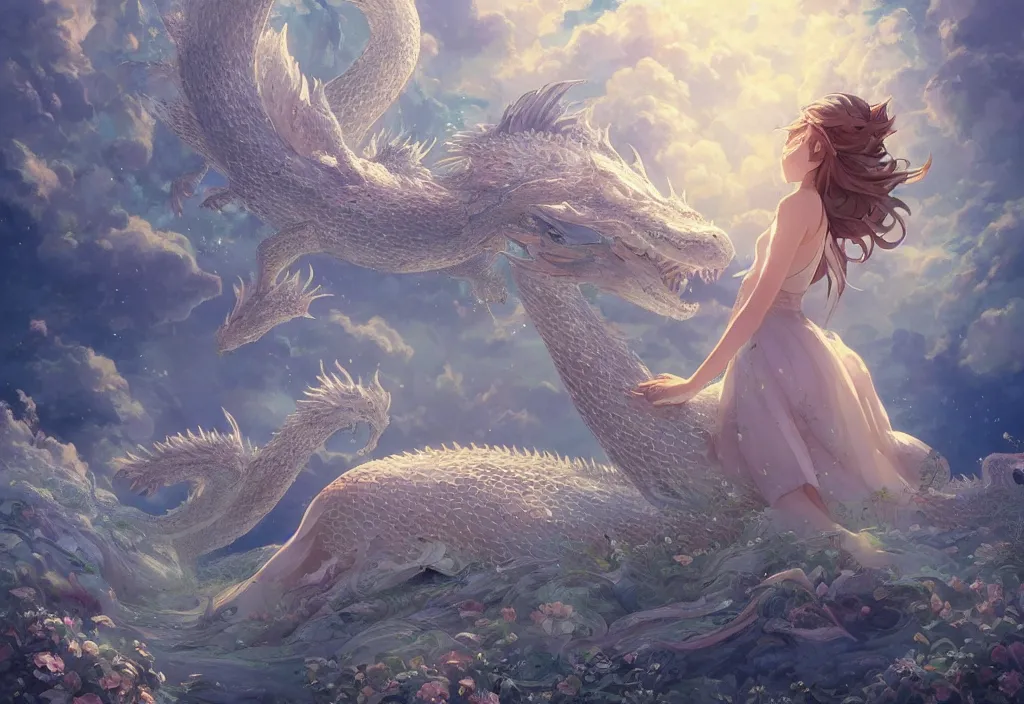 Image similar to the beautiful hyper detailed scene render that a lonely single beautiful girl lies in the arms of a huge silver dragon alone in the fairyland surrounded by white clouds, in the style of makoto shinkai victo ngai and peter mohrbacher studio ghibli artgerm karol bak beeple, cinematic, absolutely beautiful, ultra wide angle, animation style, 8 k hd